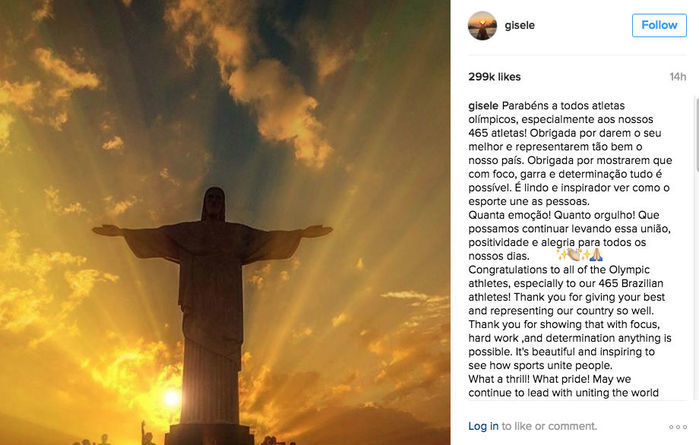 Gisele Bündchen faz homenagem aos atletas brasileiros (Crédito: Reprodução)