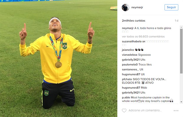 Foto de Neymar após ouro no futebol masculino foi a mais curtida no Instagram na Rio 2016 (Crédito: Reprodução)
