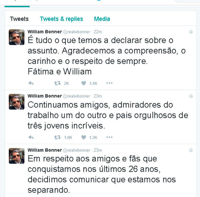 William Bonner comunicou separação no Twitter (Crédito: Reprodução/ Twitter )