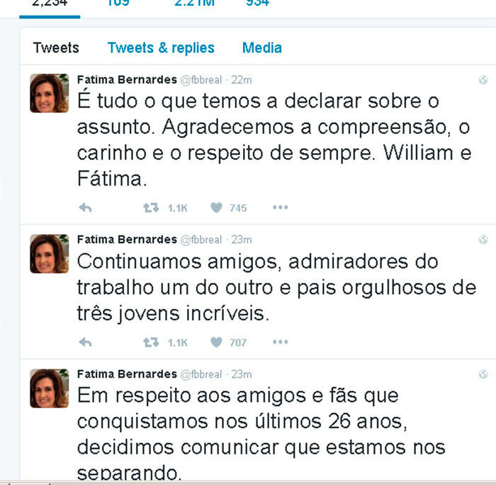 Fátima Bernardes comunicou separação no Twitter (Crédito: Reprodução/ Twitter )