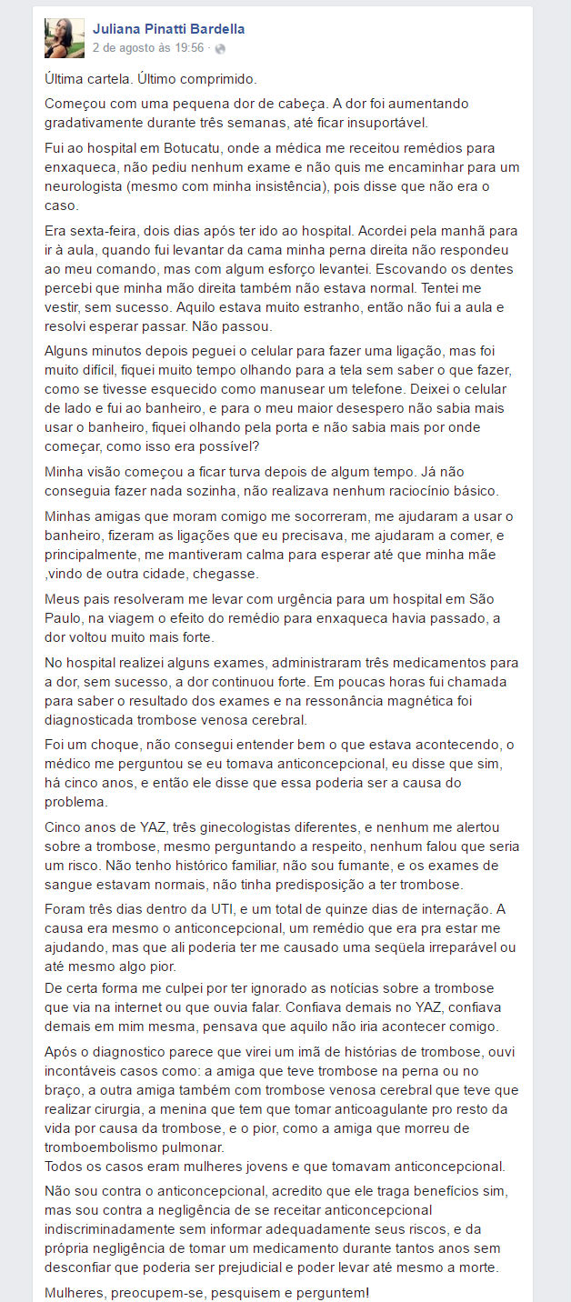 Jovem fica na UTI com trombose cerebral por pílula anticoncepcional (Crédito: Reprodução)