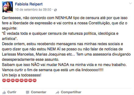 Post rede social da jornalista (Crédito: Reprodução)