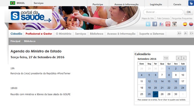 Agenda do ministro da Saúde apareceu com críticas a Temer no site do ministério (Crédito: Reprodução)