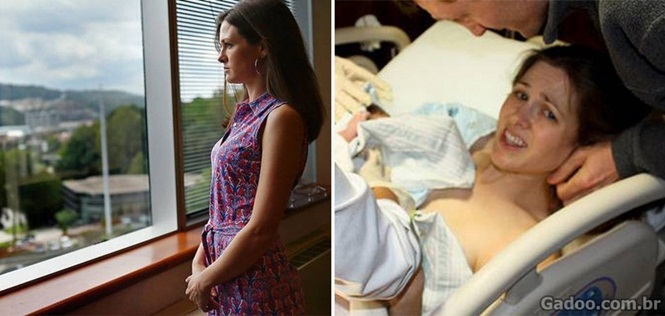 No momento do parto, Caroline teve o bebê empurrado de volta para vagina