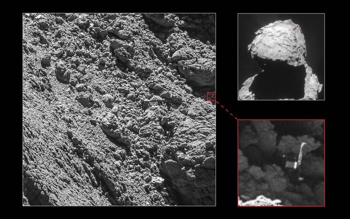Robô Philae foi identificado pela câmera OSIRIS, da sonda Rosetta, em imagens tiradas em 2 de setembro (Crédito: Reprodução)