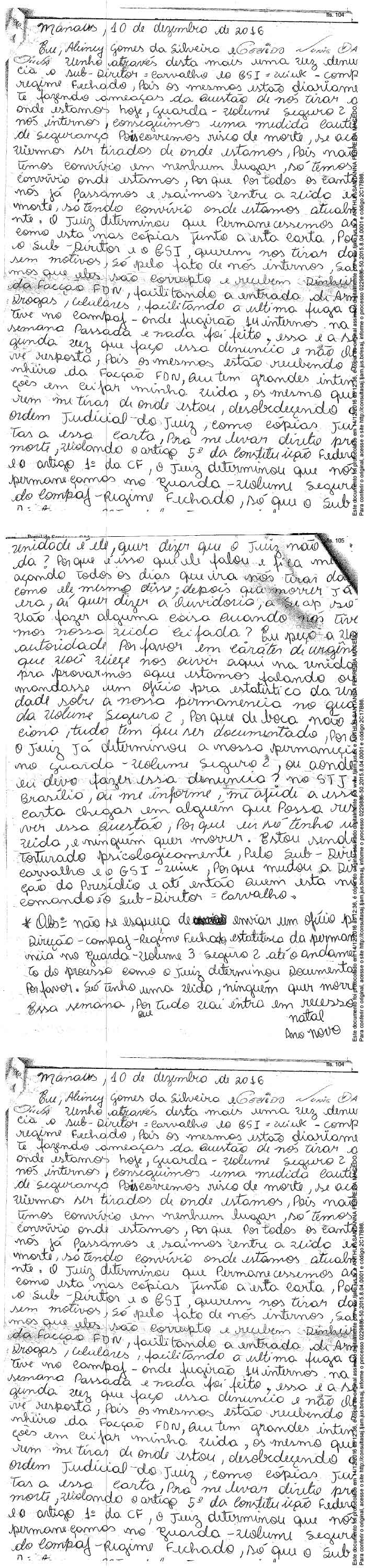 Carta feita pelos dois presos