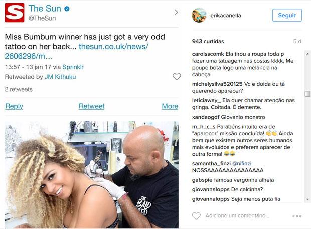 Erika Canela é criticada por fazer tatuagem de Donald Trump