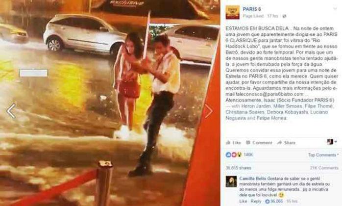 Mulher foi `arrastada` por enxurada na frente do restaurante