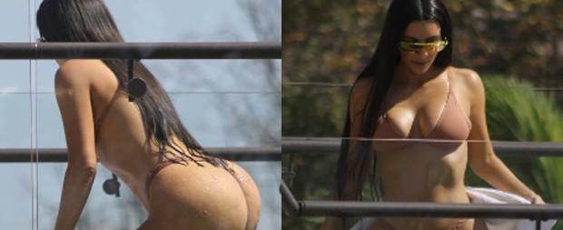 Kim Kardashian mostra "corpão" ao tomar sol de biquíni fio dental