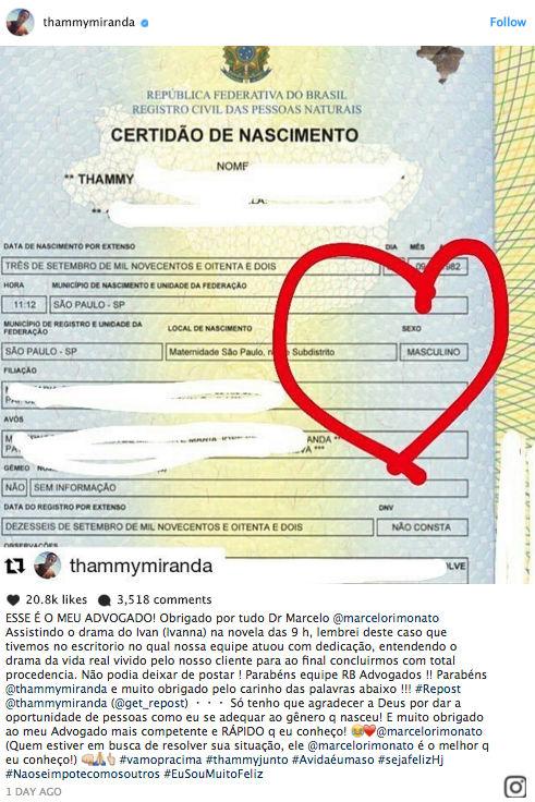 Thammy muda gênero em certidão e é criticada por seguidor (Crédito: Reprodução)
