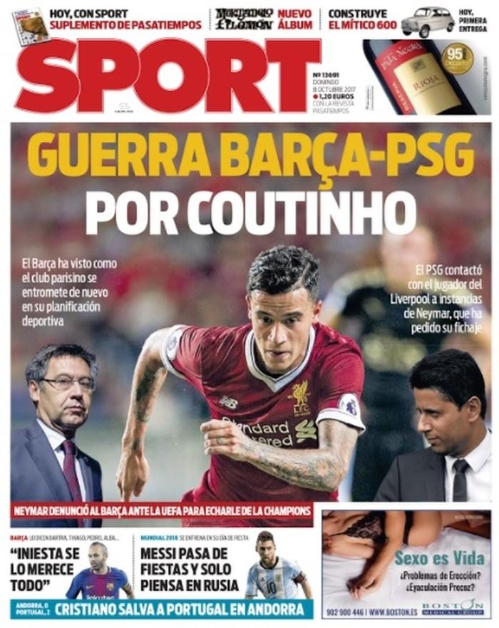 Capa do jornal Sport com a disputa entre Barcelona e Paris Saint-Germain por Philippe Coutinho (Crédito: Reprodução)