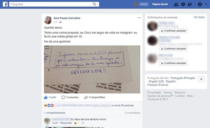 Professora dar 10 a aluno se Chico Buarque a seguir no Instagram