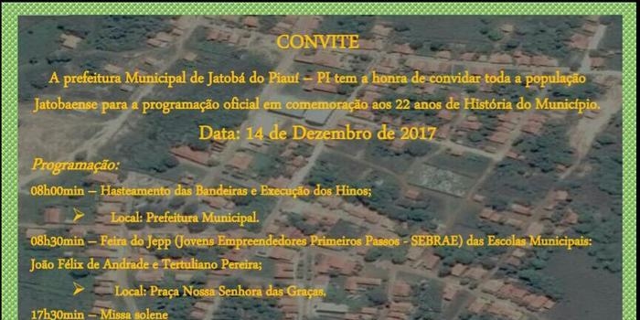 Prefeitura municipal de Jatobá convida a população para aniversário