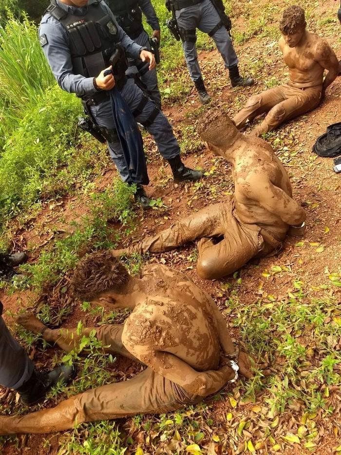 Homens foram encontrados imersos na lama tentando se esconder da polícia (Crédito: Reprodução)