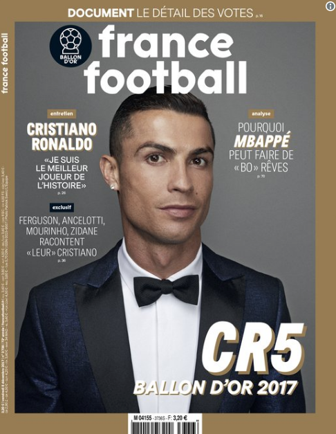 "Sou o melhor jogador da história", diz CR7 após ganhar pela 5ª a Bola de Ouro