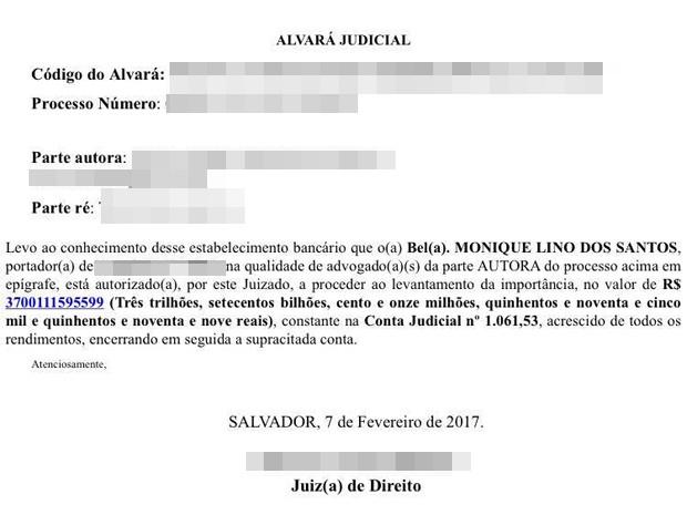 Alvará com valor exorbitante foi expedido por Justiça baiana (Crédito: Reprodução)