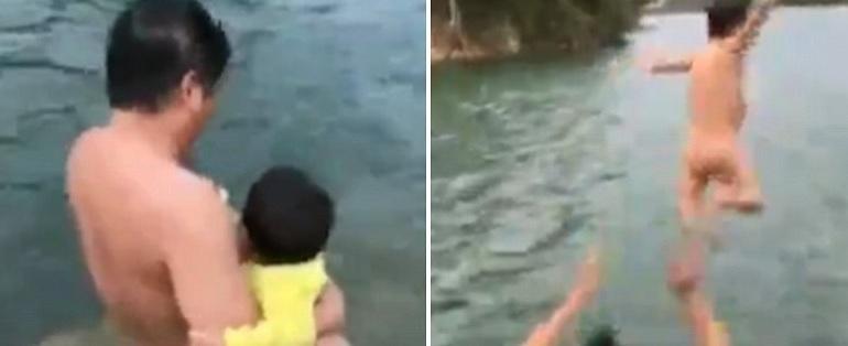 Pai joga filho pequeno em lago para fazê-lo aprender a nadar