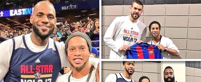 Ronaldinho agita treino da NBA e posa com LeBron e Curry
