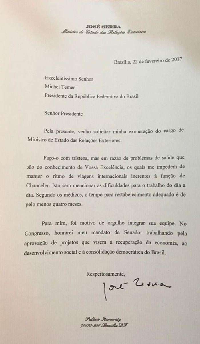 Carta de demissão do ministro José Serra