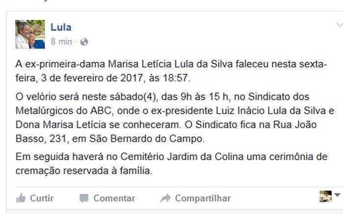 Lula postou informações sobre o velório e a cremação do corpo de Marisa