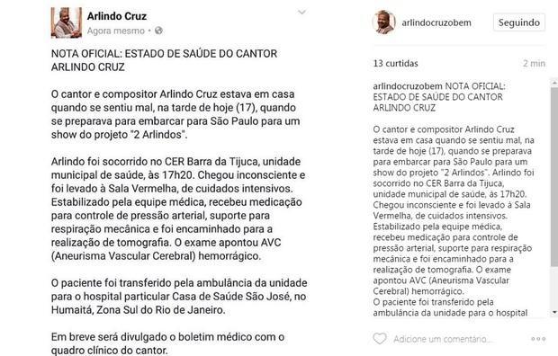Post sobre a saúde de Arlindo no Instagram do artista