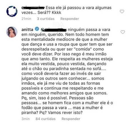 Anitta responde comentário machista de seguidor em sua rede social