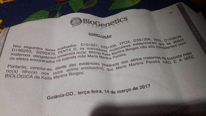 O exame de DNA de Keila e da mãe comprova que não há laços de sangue entre elas