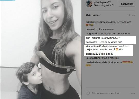 Ex-BBB Priscila Pires recebe beijo do filho na barriga e fãs questiona gravidez