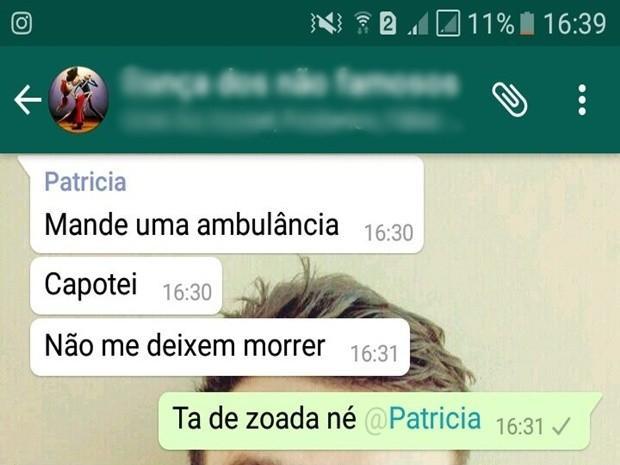 Patrícia mandou para grupos no Whats pedido de socorro (Crédito: Reprodução)