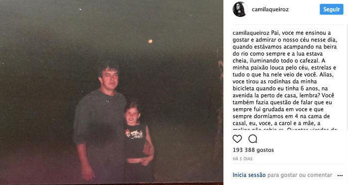 Camila Queiroz publica mensagem tocante após morte do pai