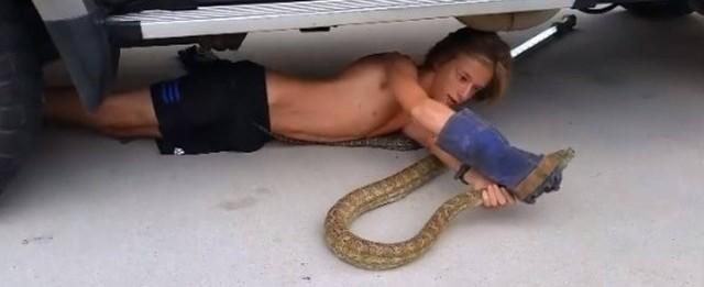 Adolescente usa mãos para capturar cobra que se escondeu sob carro