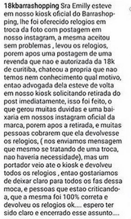 Emilly causou confusão com loja