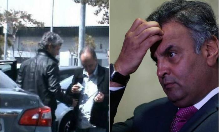 , Mendherson, assessor do senador Zeze Perrella, recebe a mala das mãos de Fred, primo de Aécio (à direita)