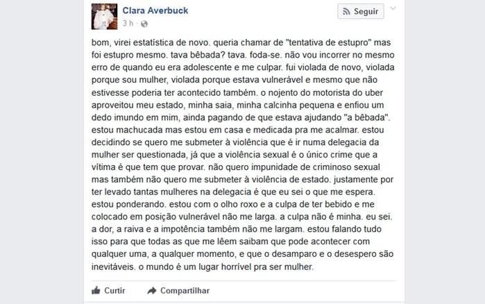 Clara Averbuck fez a denúncia no Facebook 