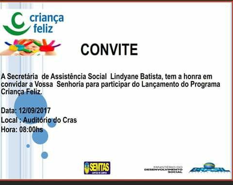 Convite para o lançamento Program. Criança Feliz.