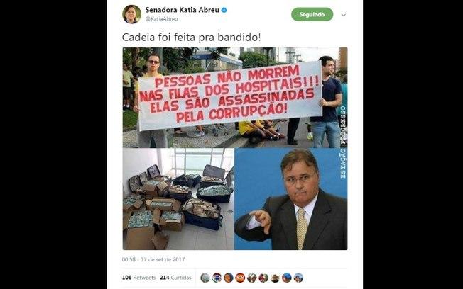 "Cadeia foi feita para bandido", disse a senadora Katia Abreu sobre o colega Geddel Vieira Lima (Crédito: Reprodução/Twitter)