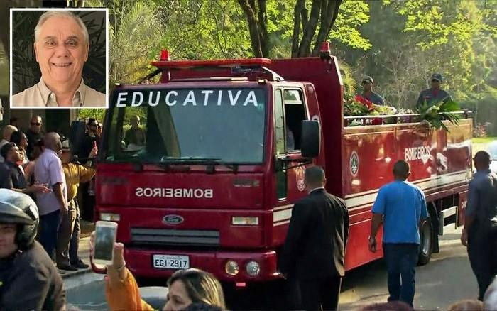 Corpo de Marcelo Rezende foi levado de caminhão dos Bombeiros ao Cemitério de Congonhas (Crédito: Globonews/Reprodução)