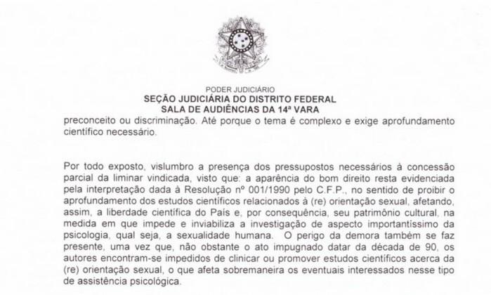 Trecho da dcisão do juiz federal do Distrito Federal (Crédito: Reprodução/Agência O Globo)