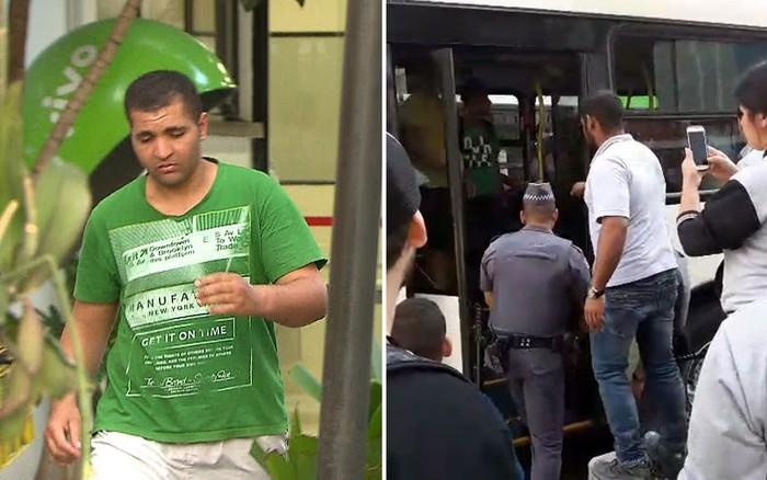 Montagem mostra homem que ejaculou em mulher deixando delegacia e o momento em que ele ficou preso dentro do ônibus (Crédito: G1)