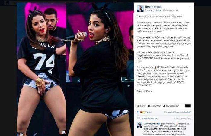 Post feito pelo vereador que comparou Anitta com garota de programa (Crédito: Facebook)