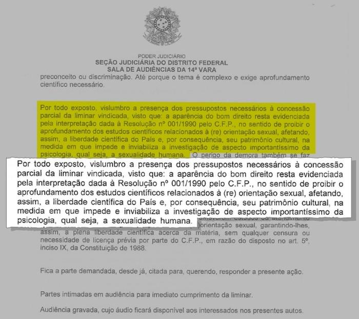 Trecho de ata de audiência em que juiz liberou tratamento da homossexualidade como doença (Crédito: Reprodução/Justiça Federal do DF)
