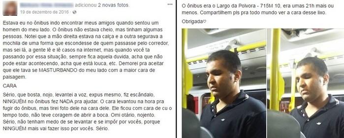 Jovem fez relato de que Diego estava se masturbando em ônibus em dezembro de 2016 (Crédito: Reprodução/Facebook)