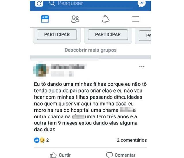 Mulher anunciou doação das filhas no Facebook (Crédito: Reprodução)