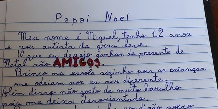 Menino com Autismo pede amigos em carta ao Papai Noel