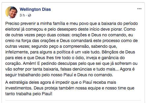 Postagem feita pelo governador Wellington Dias (Crédito: Reprodução )