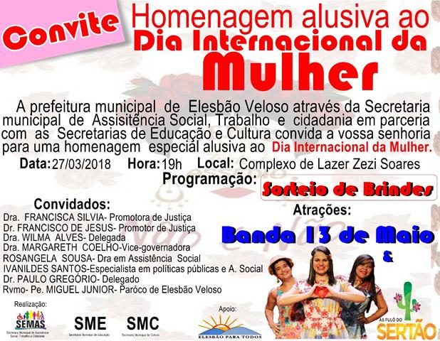 Prefeitura de Elesbão Veloso realizará evento para as mulheres