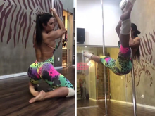 Gracyanne arrisca exercícios de pole dance e mostra habilidade