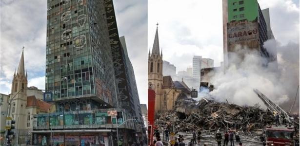 Antes e depois do prédio de 24 andares que desabou no centro de SP após pegar fogo (Crédito: reprodução)
