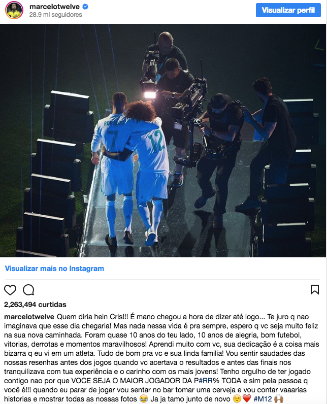 Texto de despedida de Marcelo para CR7 (Crédito: Reprodução/Instagram)
