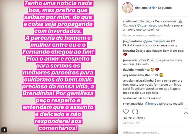 Sheila Mello anuncia separação de Fernando Scherer (Foto: Reprodução/Instagram) Sheila Mello anuncia separação de Fernando Scherer (Crédito: Reprodução/Instagram)
